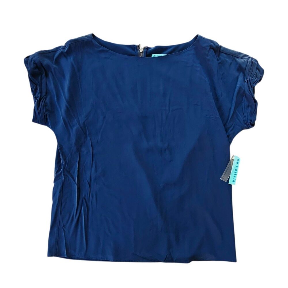 Alice+Olivia Blue Silk Top Blouse Short Cap Sleeve Lined Size Med NEW Career